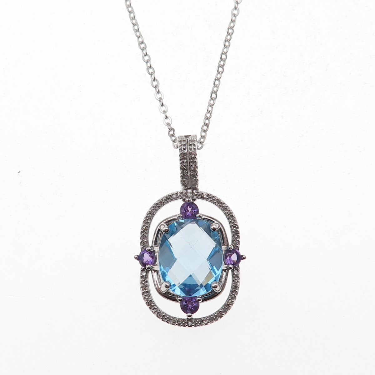 925 Sterling Silver Mexico Real Diamond Blue Topaz & Amethyst Chain Necklace 18"