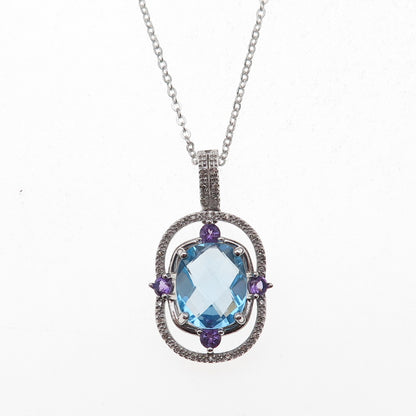 925 Sterling Silver Mexico Real Diamond Blue Topaz & Amethyst Chain Necklace 18"