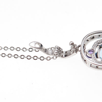 925 Sterling Silver Mexico Real Diamond Blue Topaz & Amethyst Chain Necklace 18"
