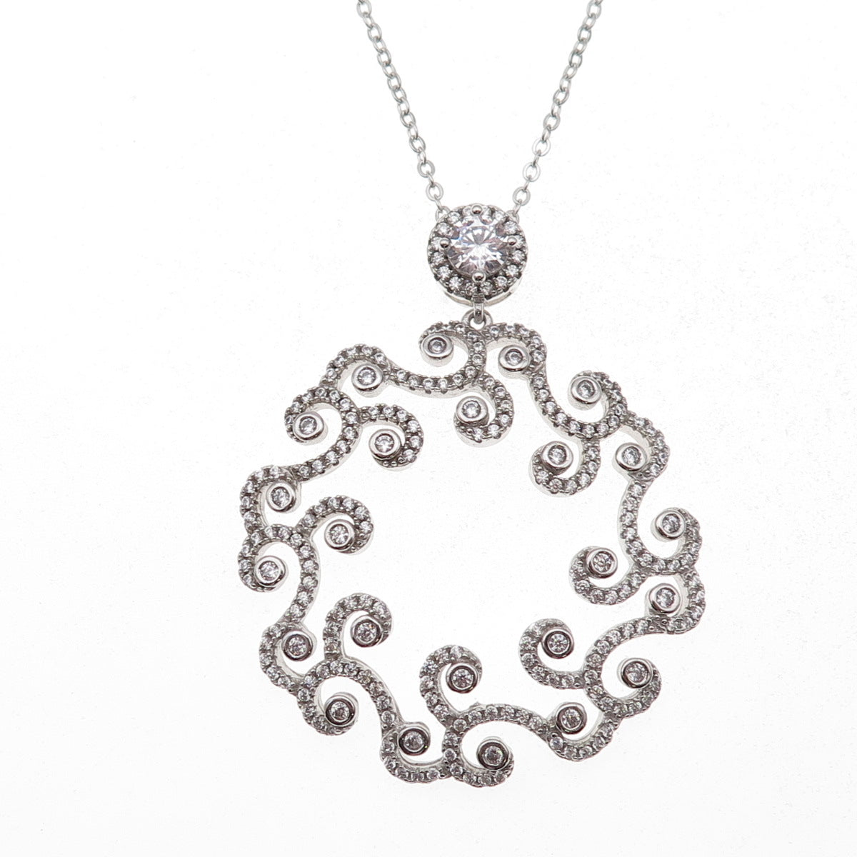 925 Sterling Silver Round-Cut C Z Floral Cable Chain Necklace 18"