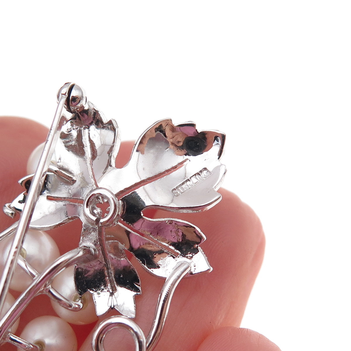 925 Sterling Silver Antique Art Deco Real Akoya Pearl Floral Pin Brooch
