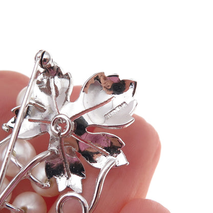 925 Sterling Silver Antique Art Deco Real Akoya Pearl Floral Pin Brooch