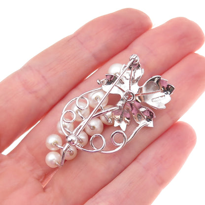 925 Sterling Silver Antique Art Deco Real Akoya Pearl Floral Pin Brooch