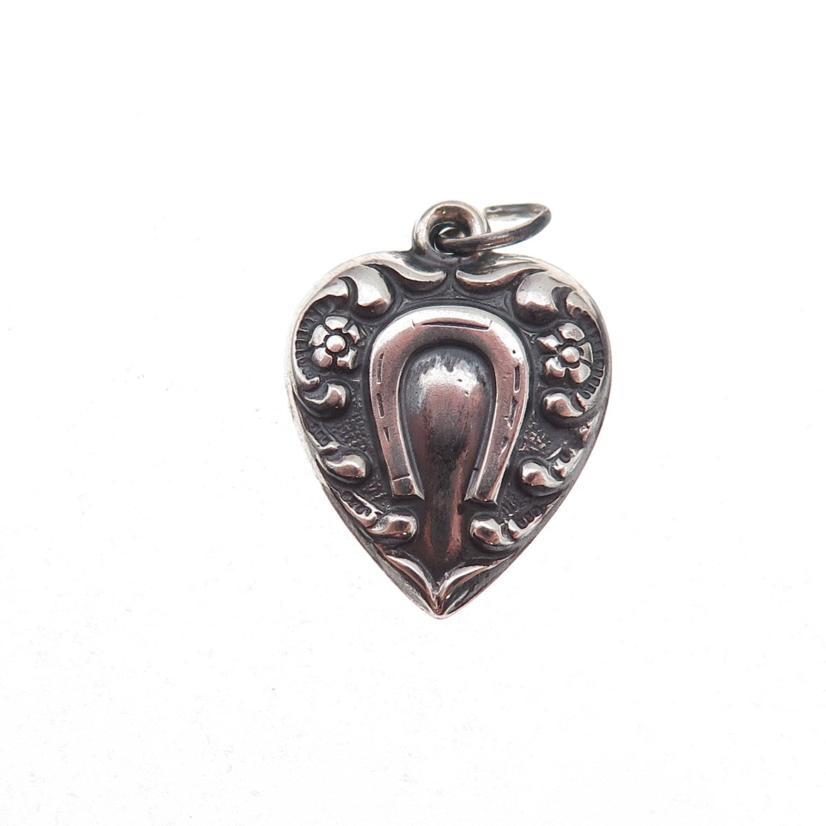 925 Sterling Silver Antique Art Deco Horseshoe Heart Chatelaine Charm Pendant