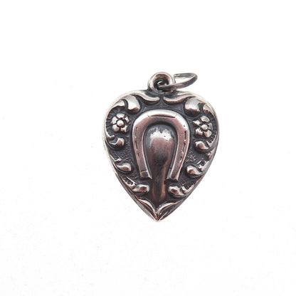 925 Sterling Silver Antique Art Deco Horseshoe Heart Chatelaine Charm Pendant