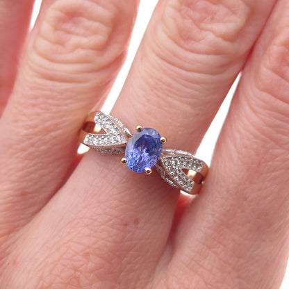 925 Sterling Silver Gold Plated Real Tanzanite & White Topaz Ring Size 8.25