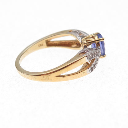925 Sterling Silver Gold Plated Real Tanzanite & White Topaz Ring Size 8.25