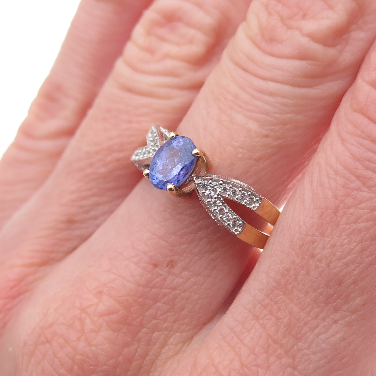 925 Sterling Silver Gold Plated Real Tanzanite & White Topaz Ring Size 8.25