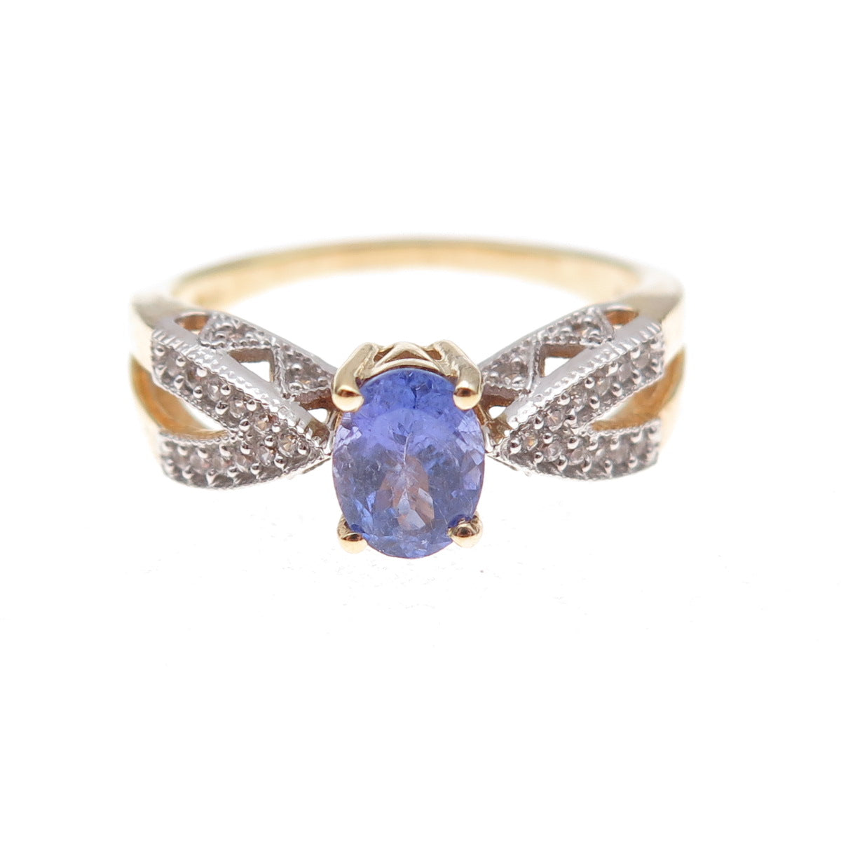 925 Sterling Silver Gold Plated Real Tanzanite & White Topaz Ring Size 8.25