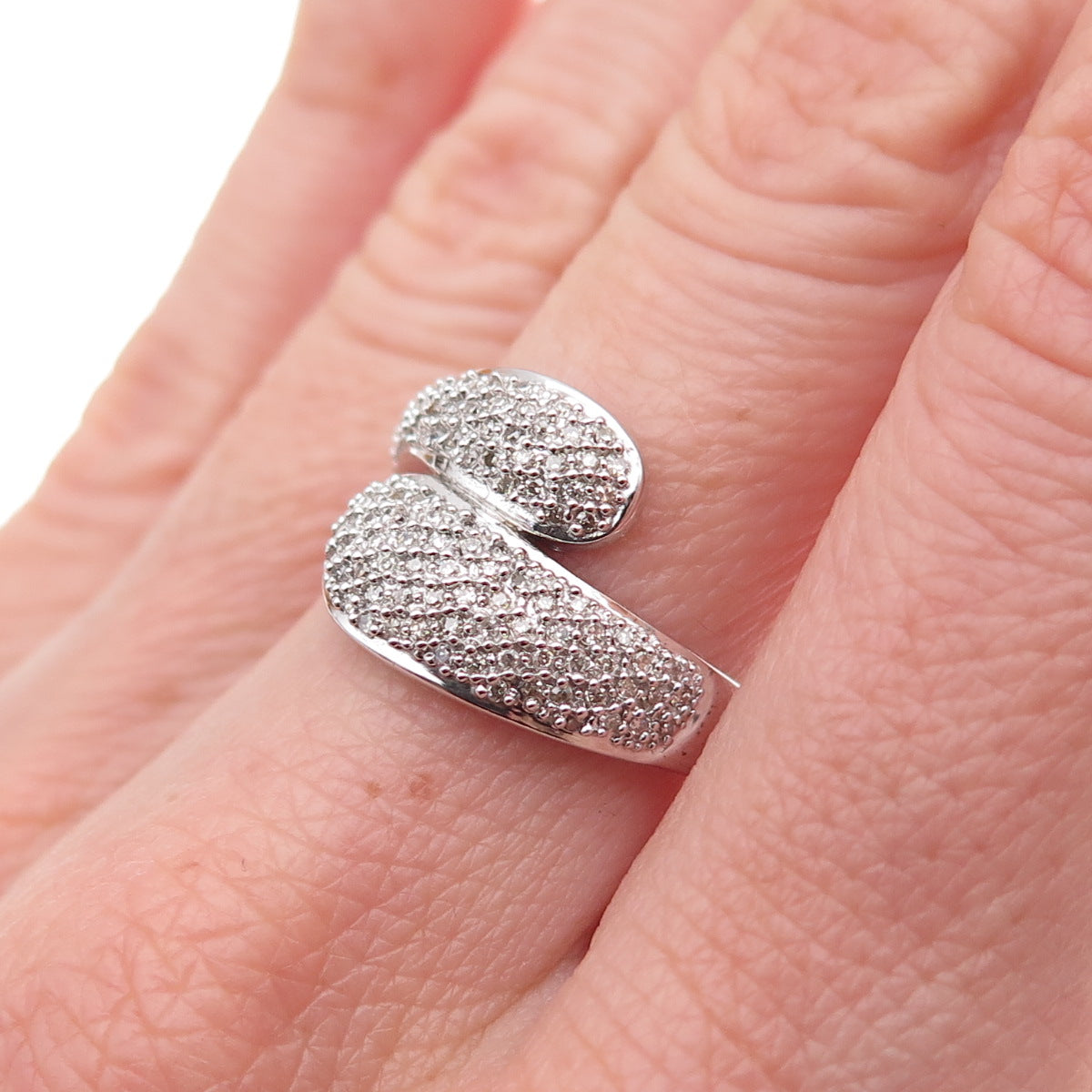 925 Sterling Silver Mexico Real Round-Cut Diamond Bypass Ring Size 7