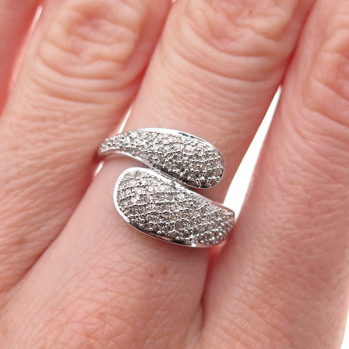 925 Sterling Silver Mexico Real Round-Cut Diamond Bypass Ring Size 7