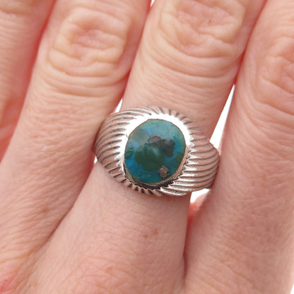 925 Sterling Silver Vintage Real Turquoise Ribbed Oxidized Ring Size 9