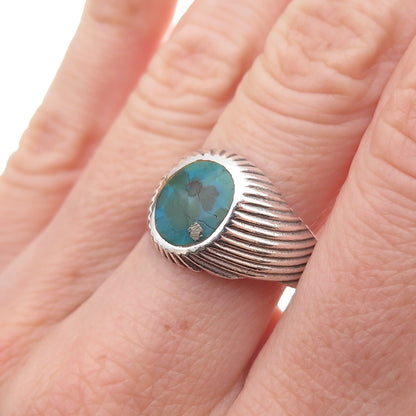 925 Sterling Silver Vintage Real Turquoise Ribbed Oxidized Ring Size 9