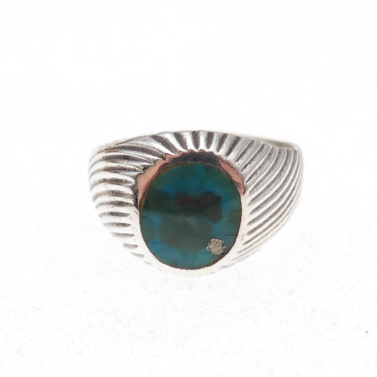 925 Sterling Silver Vintage Real Turquoise Ribbed Oxidized Ring Size 9