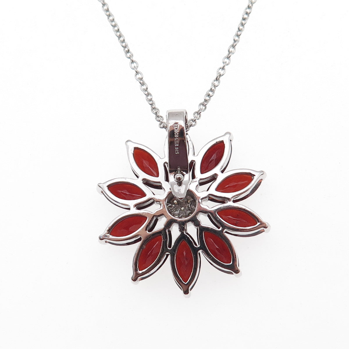 925 Sterling Silver Mexico Real Diamond & Garnet Floral Cable Chain Necklace 18"