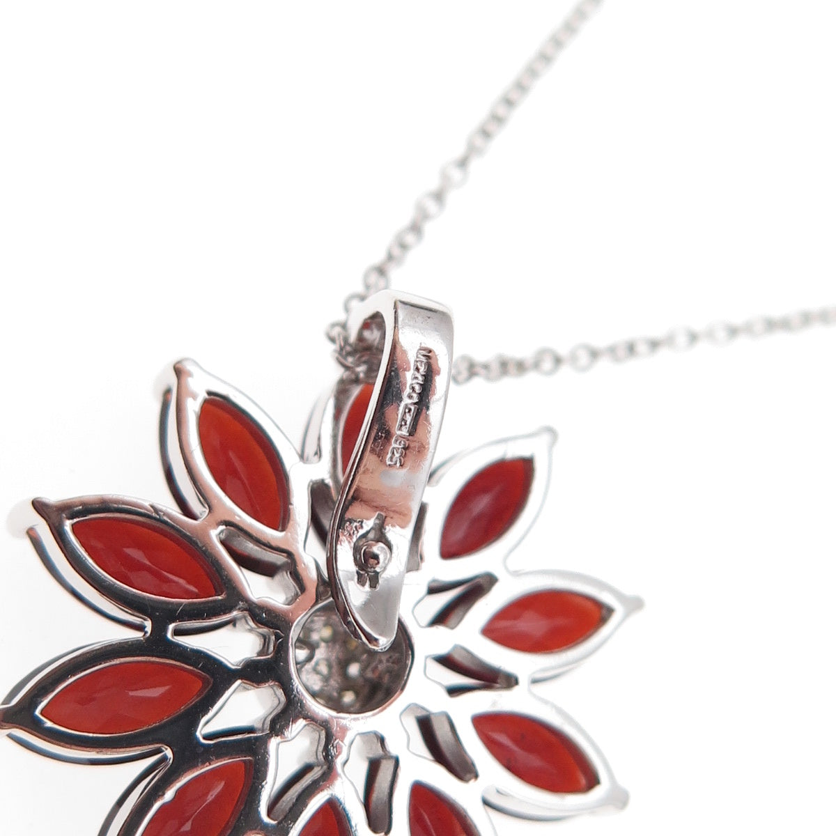 925 Sterling Silver Mexico Real Diamond & Garnet Floral Cable Chain Necklace 18"