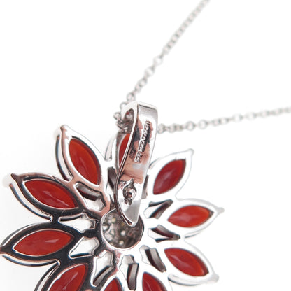 925 Sterling Silver Mexico Real Diamond & Garnet Floral Cable Chain Necklace 18"