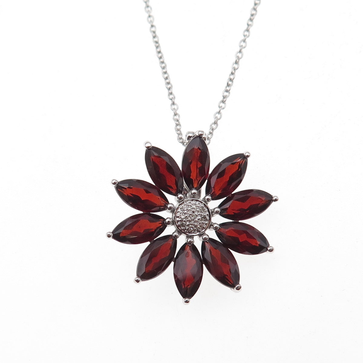 925 Sterling Silver Mexico Real Diamond & Garnet Floral Cable Chain Necklace 18"
