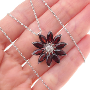 925 Sterling Silver Mexico Real Diamond & Garnet Floral Cable Chain Necklace 18"