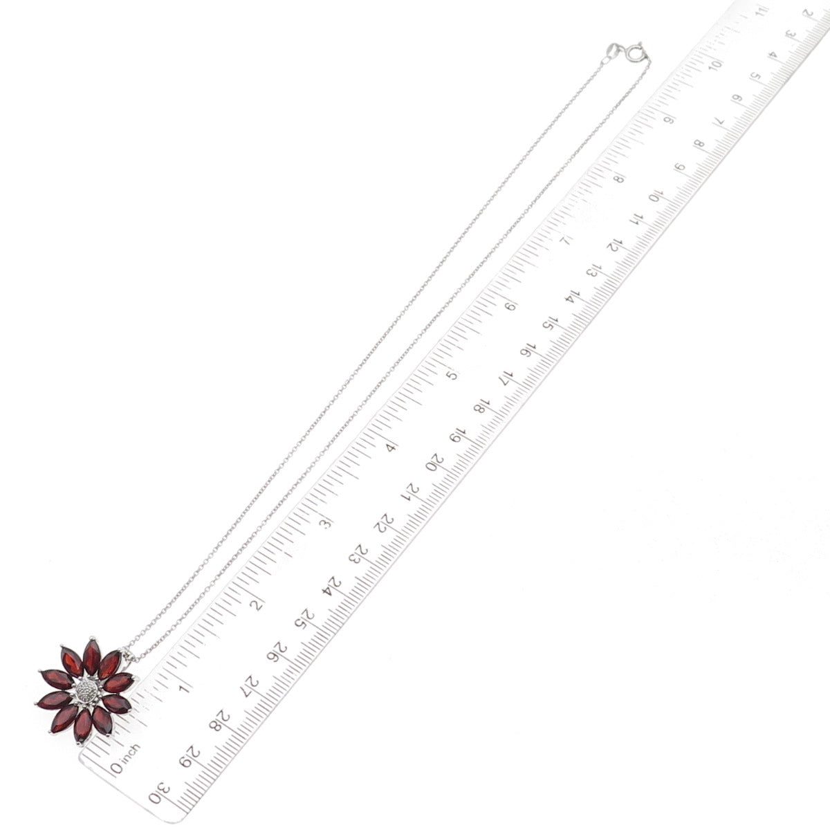 925 Sterling Silver Mexico Real Diamond & Garnet Floral Cable Chain Necklace 18"