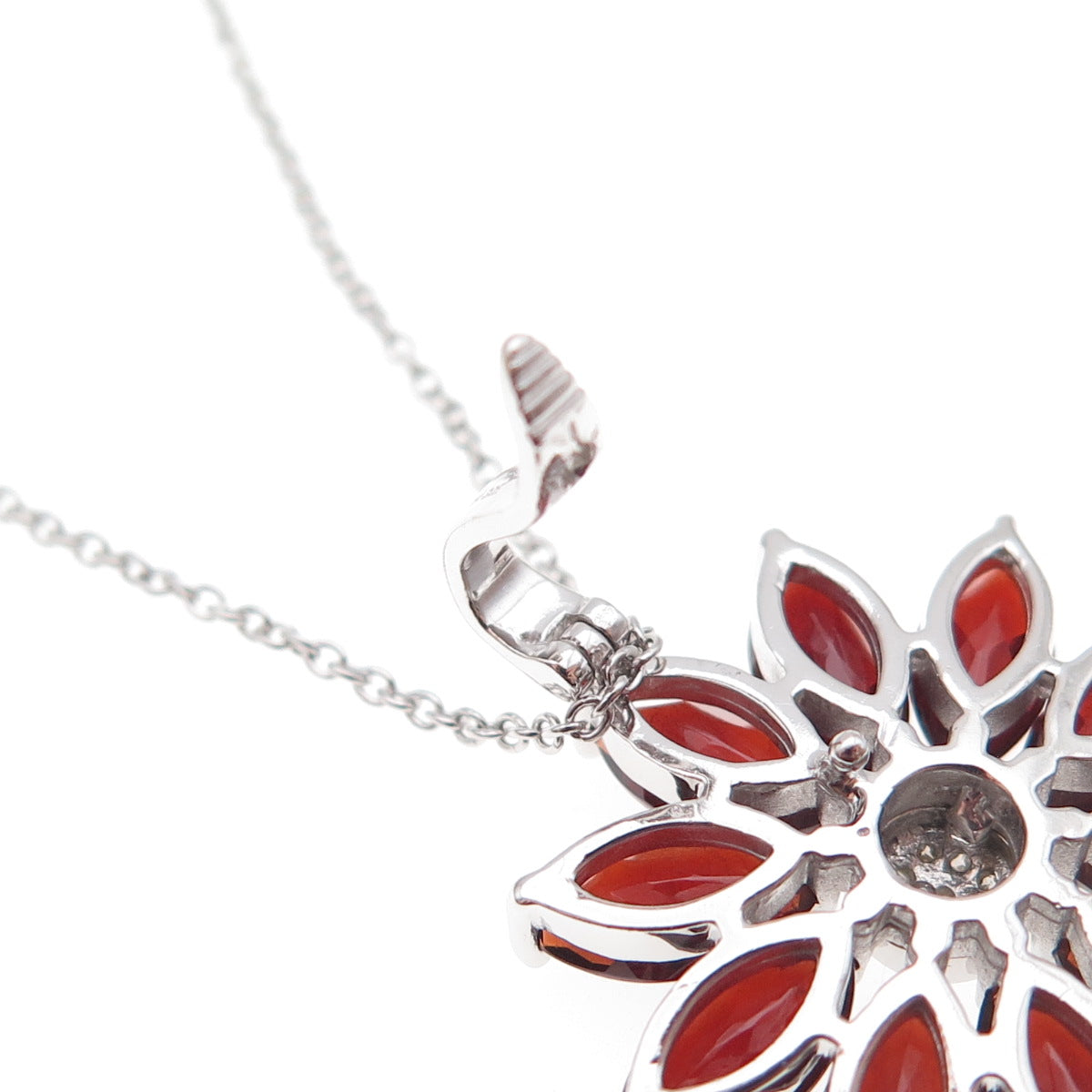 925 Sterling Silver Mexico Real Diamond & Garnet Floral Cable Chain Necklace 18"