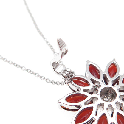 925 Sterling Silver Mexico Real Diamond & Garnet Floral Cable Chain Necklace 18"