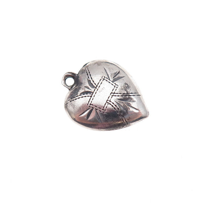 925 Sterling Silver Antique Art Deco Etched Cross Heart Chatelaine Charm Pendant
