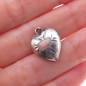 925 Sterling Silver Antique Art Deco Etched Cross Heart Chatelaine Charm Pendant