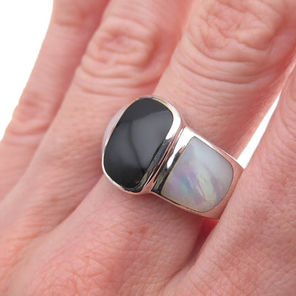 925 Sterling Silver Vintage Real Black Onyx & MOP Oxidized Ring Size 10