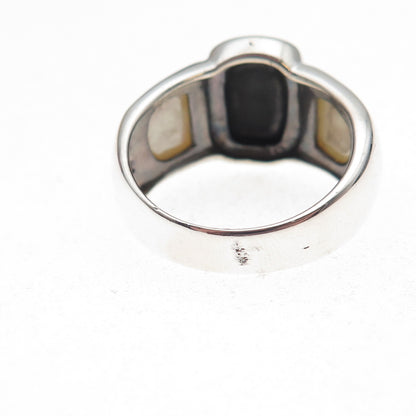 925 Sterling Silver Vintage Real Black Onyx & MOP Oxidized Ring Size 10