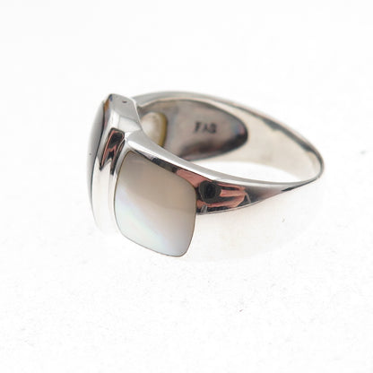 925 Sterling Silver Vintage Real Black Onyx & MOP Oxidized Ring Size 10