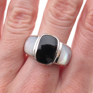 925 Sterling Silver Vintage Real Black Onyx & MOP Oxidized Ring Size 10