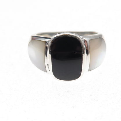 925 Sterling Silver Vintage Real Black Onyx & MOP Oxidized Ring Size 10