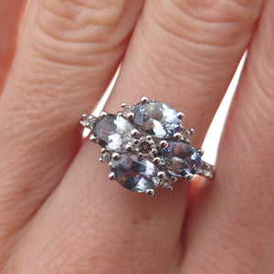 925 Sterling Silver Real Oval & Round-Cut Tanzanite Floral Ring Size 8.25