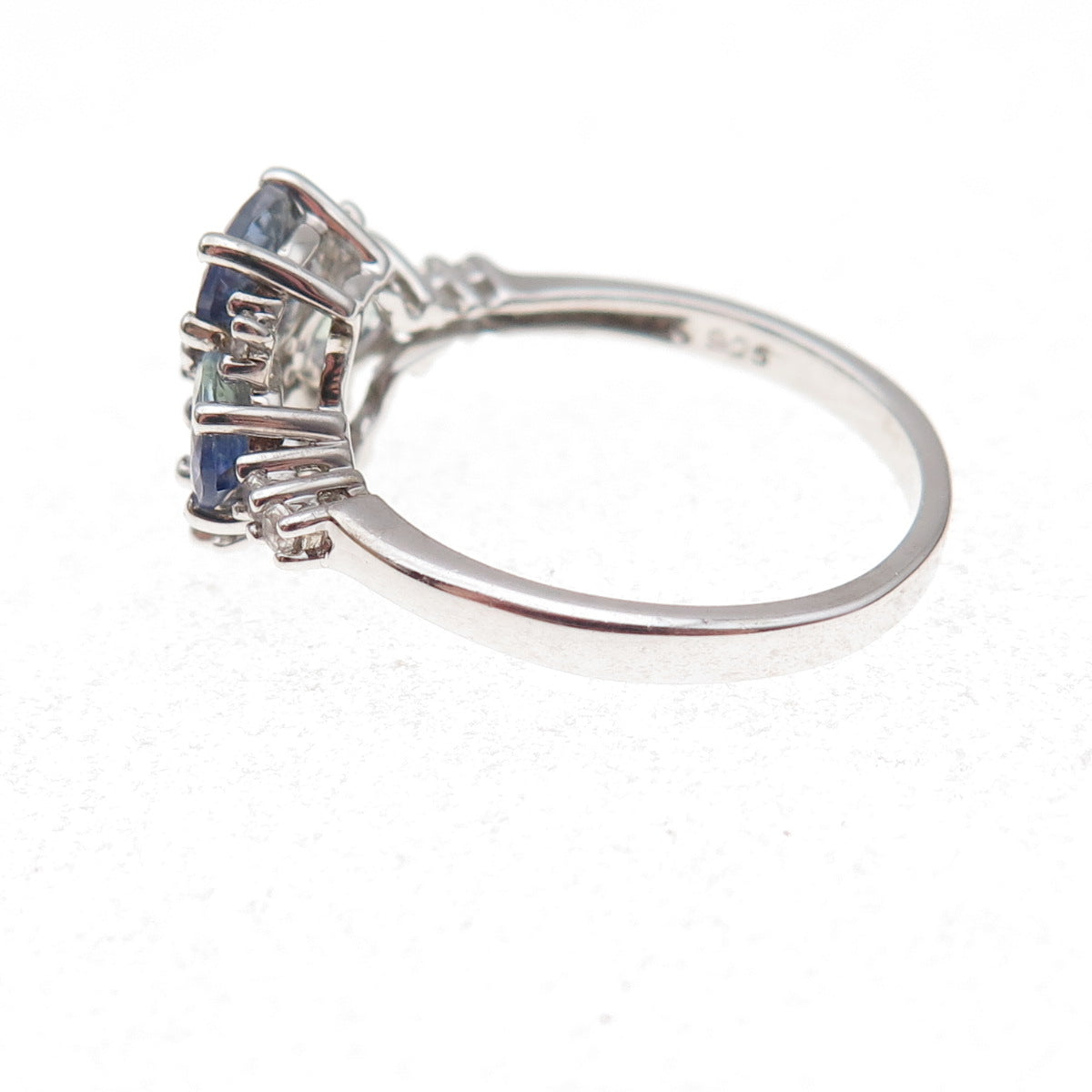 925 Sterling Silver Real Oval & Round-Cut Tanzanite Floral Ring Size 8.25