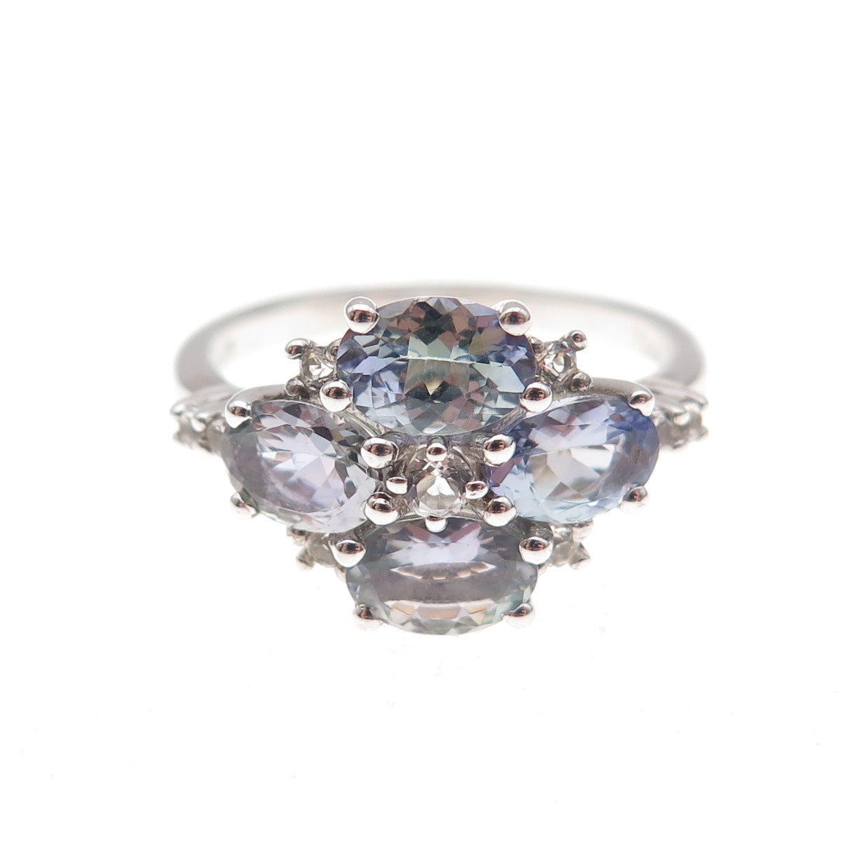 925 Sterling Silver Real Oval & Round-Cut Tanzanite Floral Ring Size 8.25