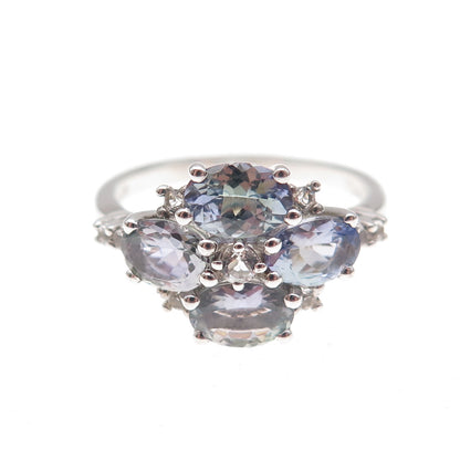925 Sterling Silver Real Oval & Round-Cut Tanzanite Floral Ring Size 8.25