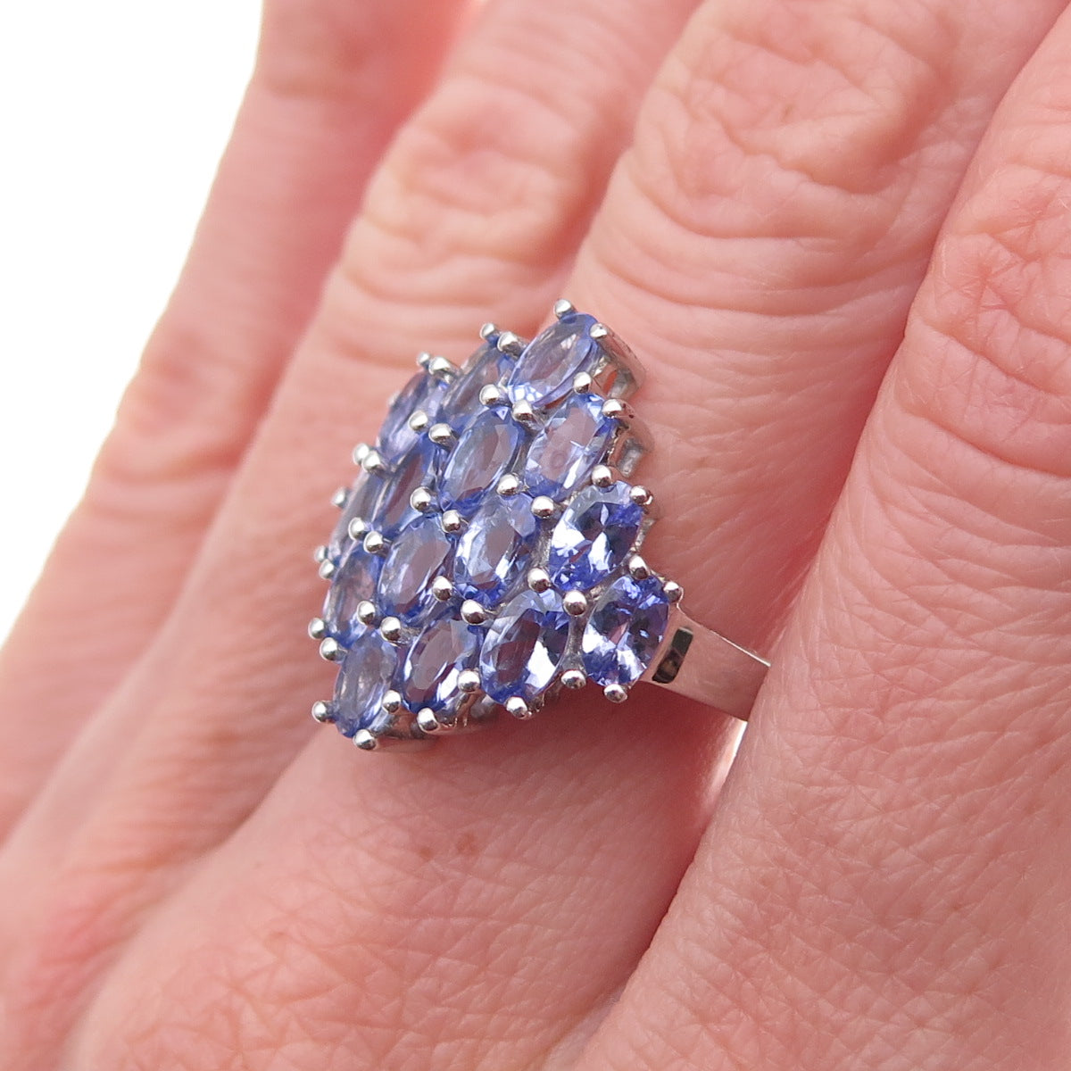 925 Sterling Silver Real Oval-Cut Tanzanite Cluster Ring Size 8