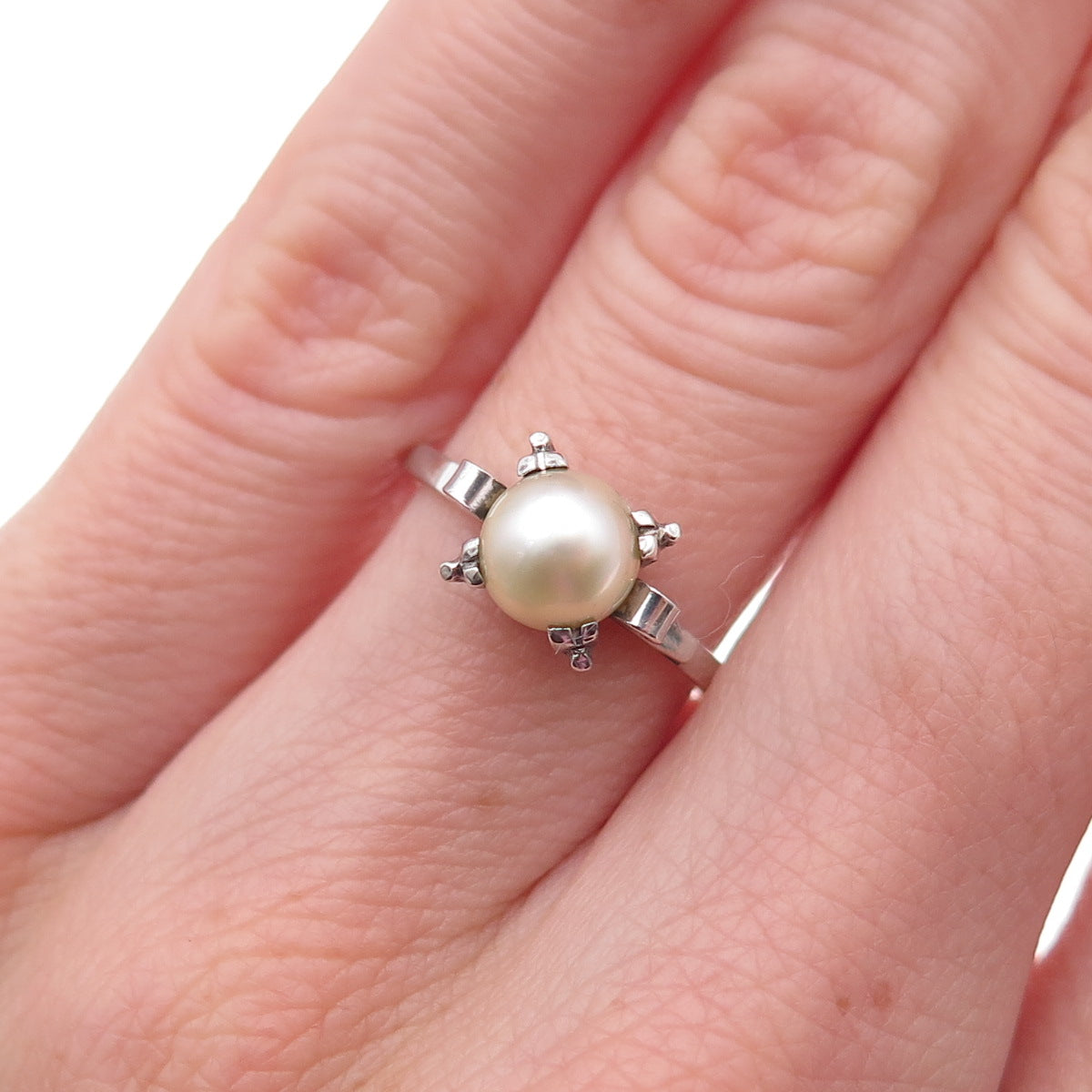 925 Sterling Silver Antique Art Deco Real Akoya Pearl Oxidized Ring Size 5.25