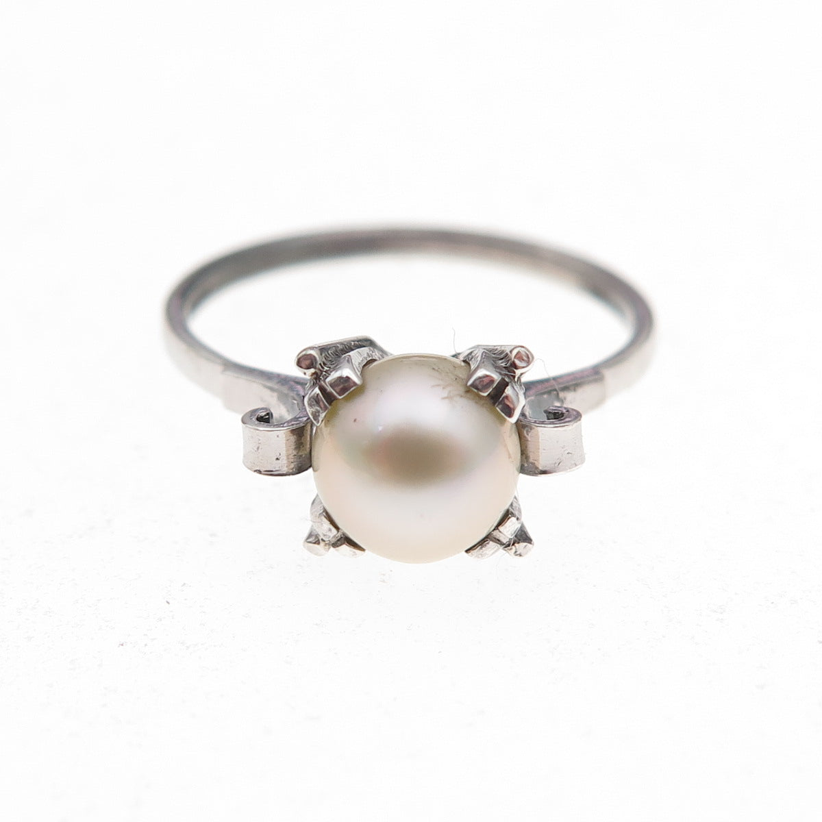 925 Sterling Silver Antique Art Deco Real Akoya Pearl Oxidized Ring Size 5.25