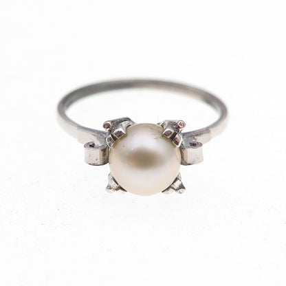 925 Sterling Silver Antique Art Deco Real Akoya Pearl Oxidized Ring Size 5.25
