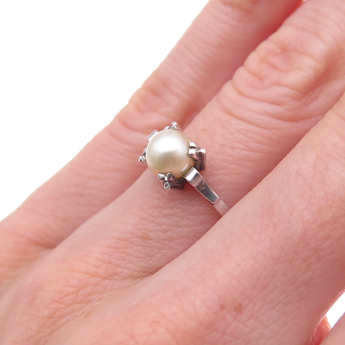 925 Sterling Silver Antique Art Deco Real Akoya Pearl Oxidized Ring Size 5.25