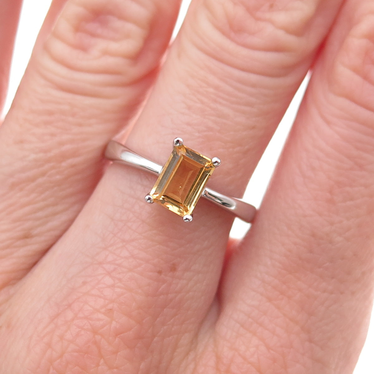 925 Sterling Silver Mexico Real Emerald-Cut Citrine Ring Size 7