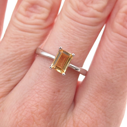 925 Sterling Silver Mexico Real Emerald-Cut Citrine Ring Size 7