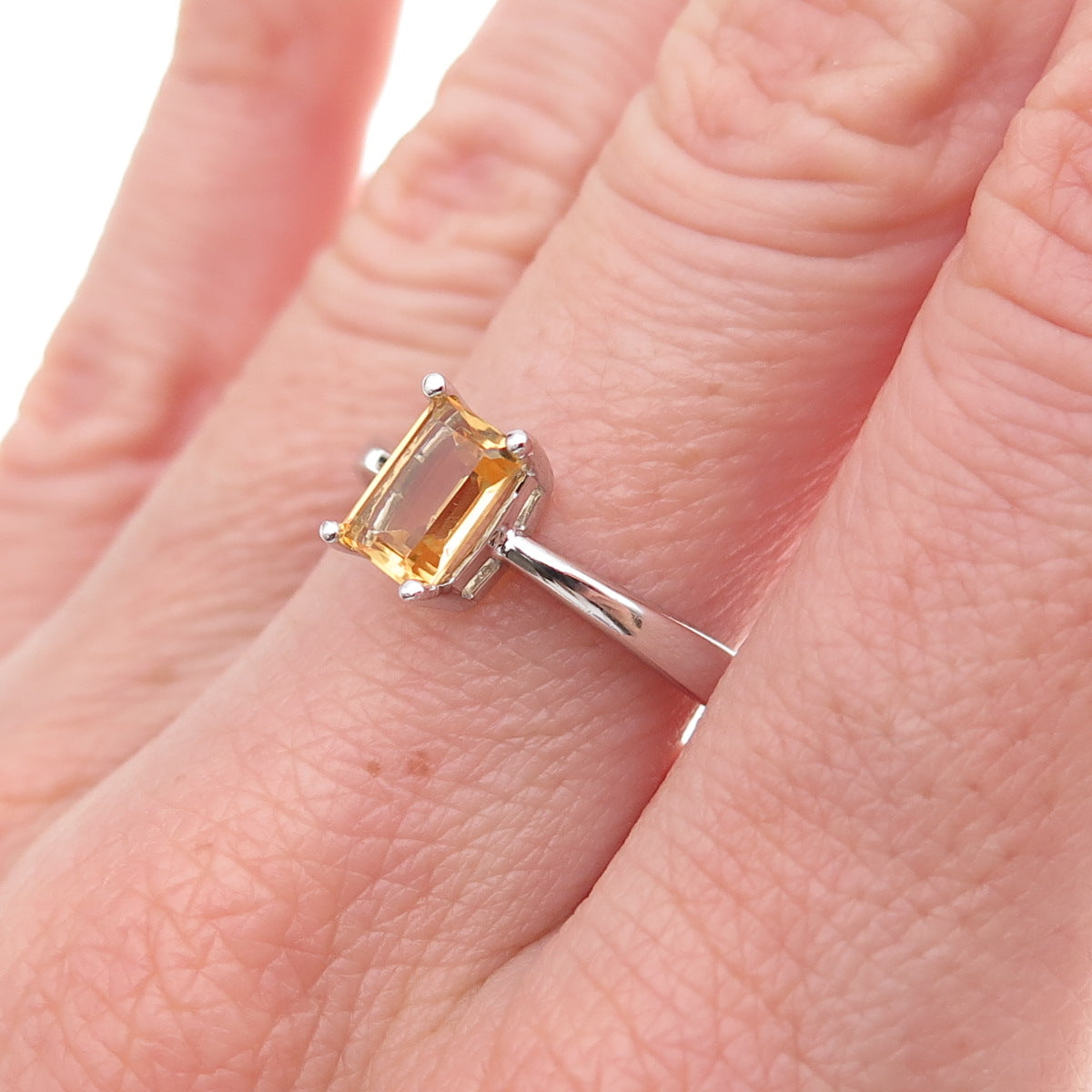 925 Sterling Silver Mexico Real Emerald-Cut Citrine Ring Size 7