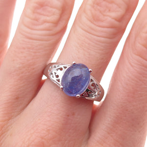 925 Sterling Silver Real Cabochon Tanzanite Heart Ornate Ring Size 8