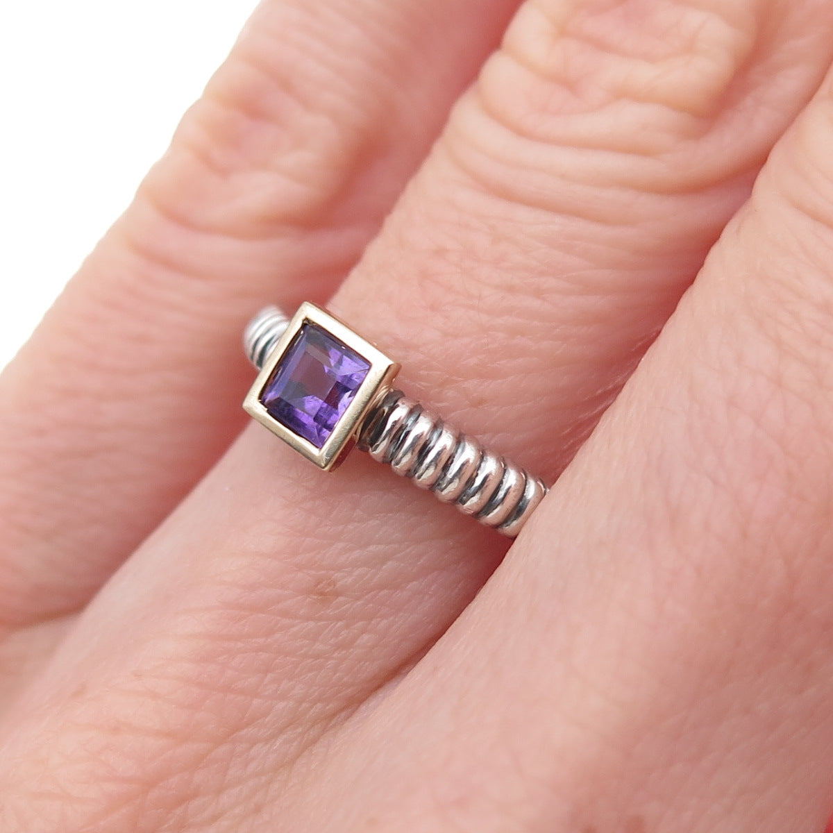 925 Sterling Silver 14K Gold Vintage Real Amethyst Ring Size 5.5