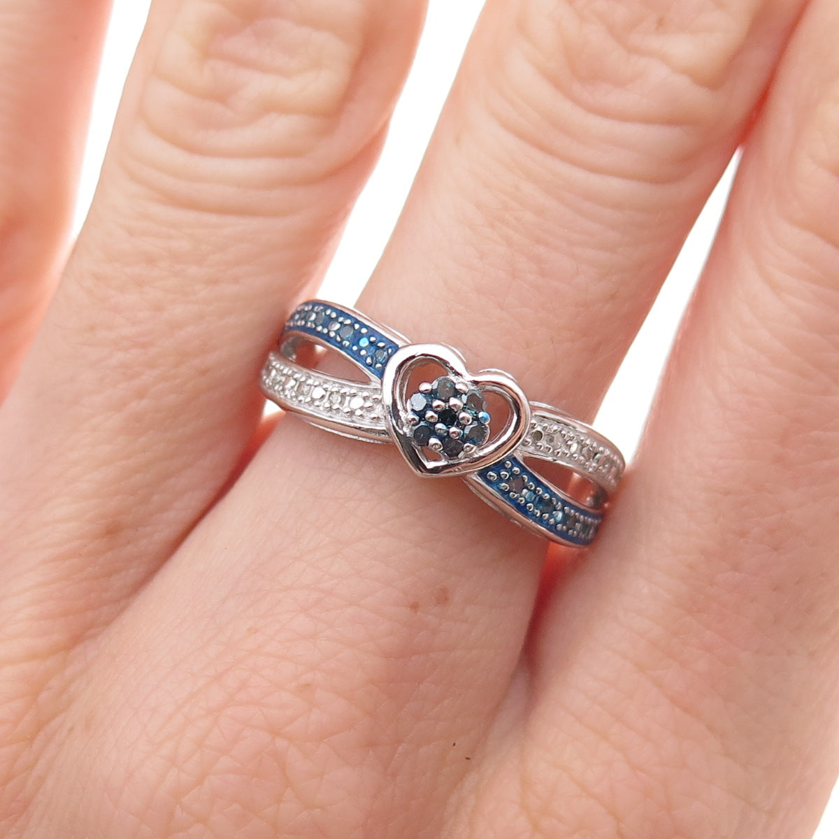 925 Sterling Silver Real Round-Cut Blue & White Diamond Heart Ring Size 7