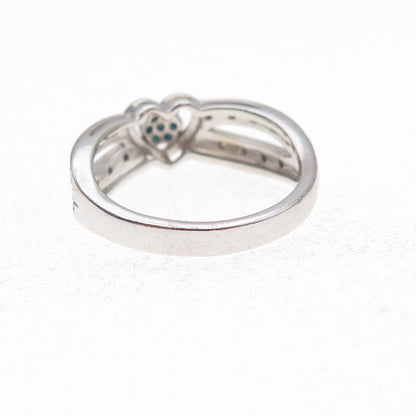 925 Sterling Silver Real Round-Cut Blue & White Diamond Heart Ring Size 7