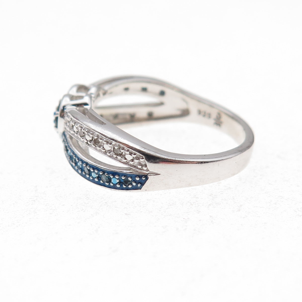 925 Sterling Silver Real Round-Cut Blue & White Diamond Heart Ring Size 7